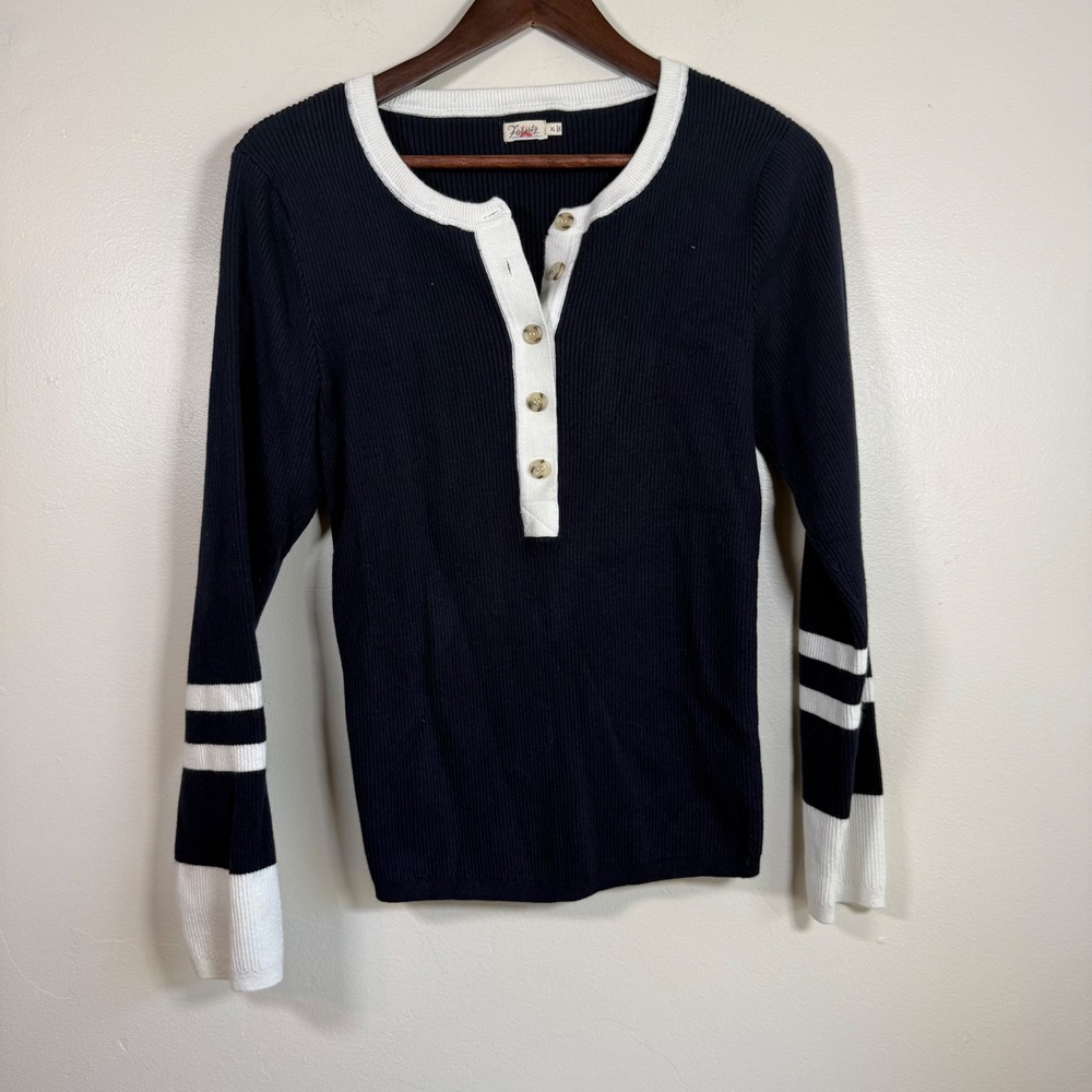 Faherty Mikki Ribbed Cashmere Blend Striped Henley Sweater Size XL Navy Blue